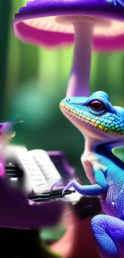 A colorful lizard plays the piano under a glowing mushroom in a fantasy scene.