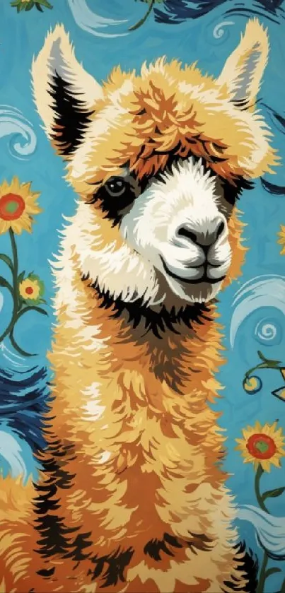 Colorful llama art with vibrant flowers on a sky blue background.