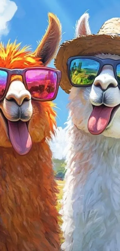 Two colorful llamas wearing sunglasses in a playful illustration.