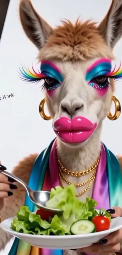 Colorful llama enjoying a salad with vibrant accessories.