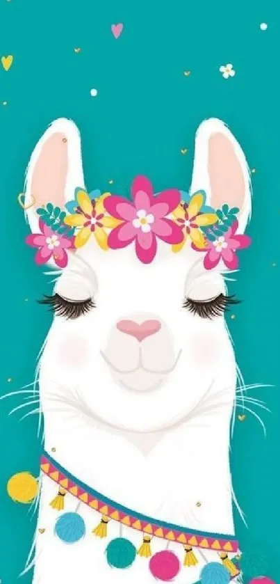 Whimsical llama with floral crown on teal background.