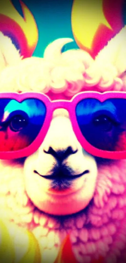 Colorful llama wearing sunglasses with a vibrant background.