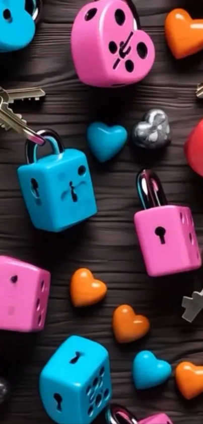 Colorful locks and heart shapes on a vibrant wallpaper.