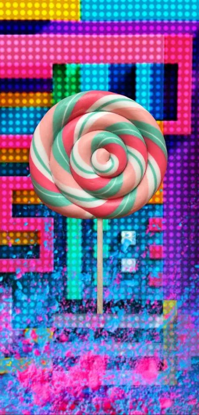 Colorful lollipop with geometric abstract patterns on a vibrant background.