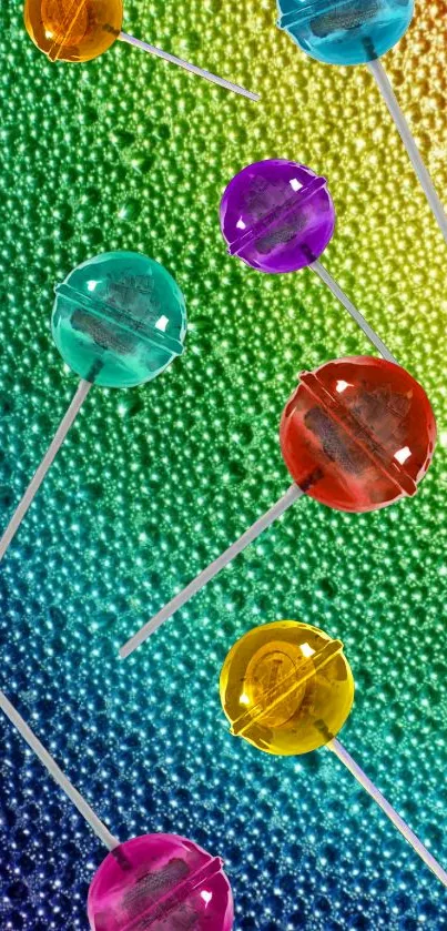 Colorful lollipops on a rainbow textured background.