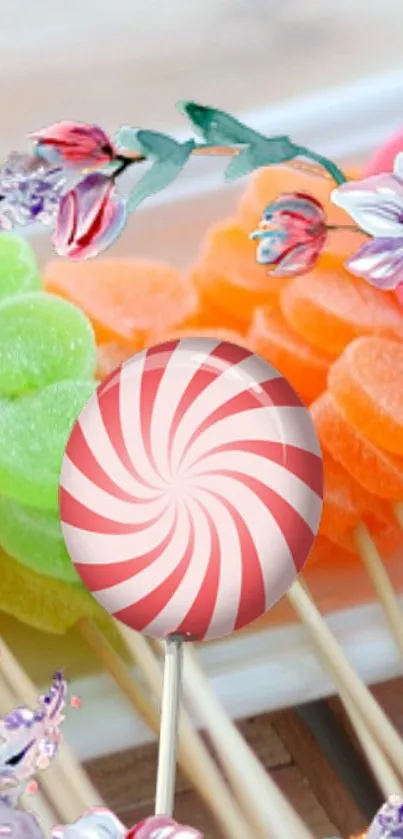 Colorful lollipop and flower wallpaper showcasing vibrant candies.