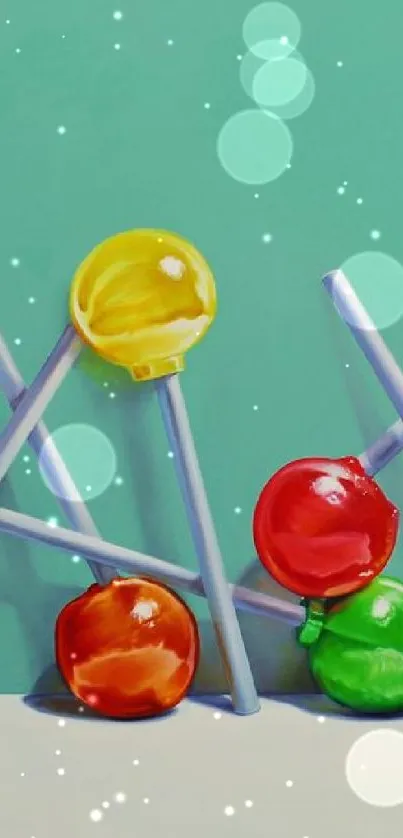 Colorful lollipops against turquoise background wallpaper.