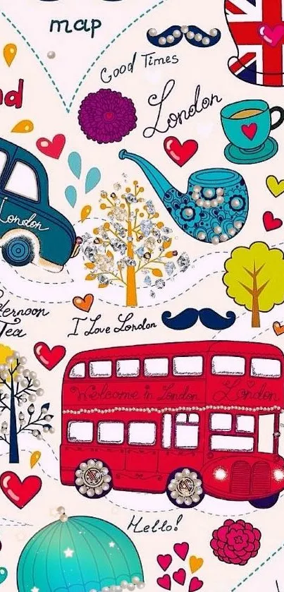 Whimsical London doodle wallpaper with vibrant colors and iconic symbols.