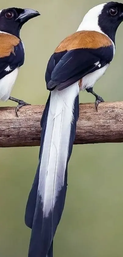 Two long-tailed birds perched on a wooden branch against a green background.