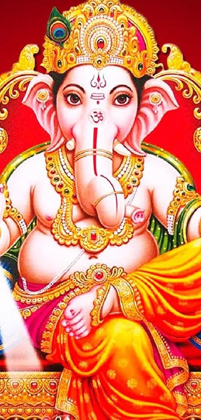 Vibrant Lord Ganesha illustration with colorful background and ornate details.