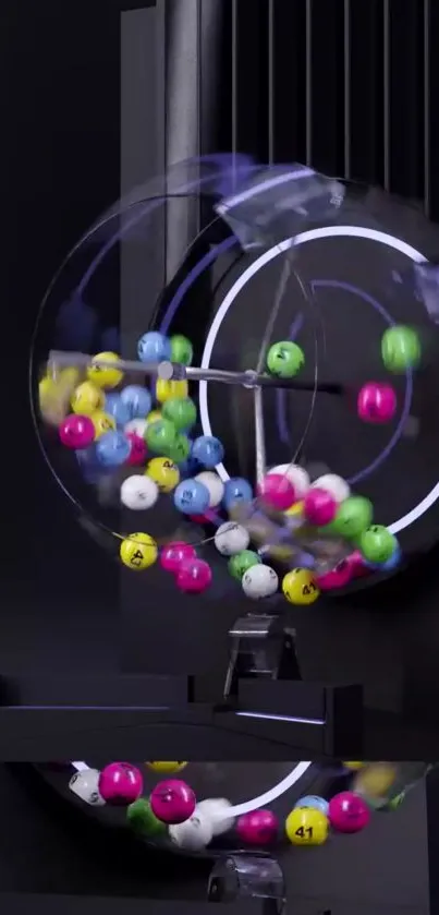 Spinning colorful lottery balls in a glass drum on a black background.