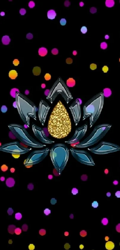 Abstract lotus design with colorful dots on a dark background.