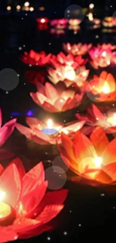 Floating lotus flower lanterns on night water scene.