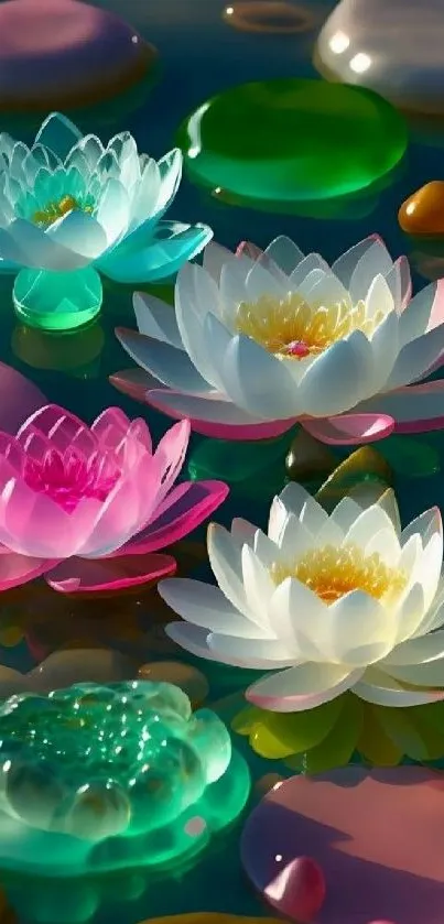 Vibrant wallpaper of colorful lotus flowers on water.