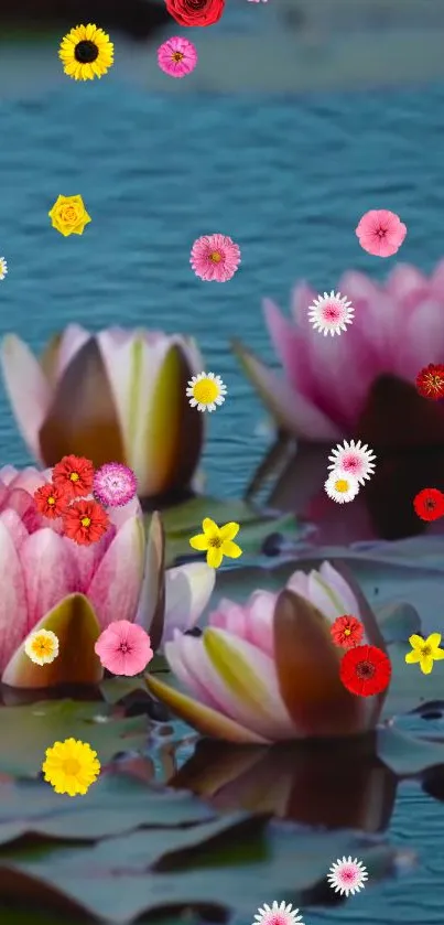 Vibrant wallpaper with pink lotuses and colorful floating flowers.