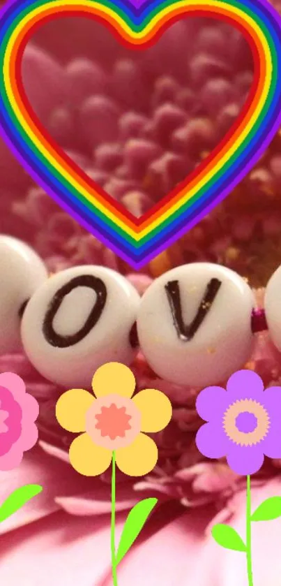 Colorful wallpaper with rainbow heart and flowers spelling LOVE.