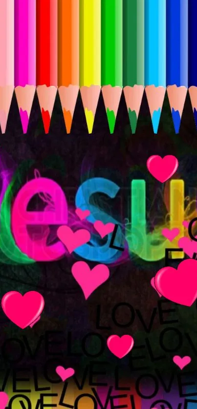 Colorful wallpaper with Jesus and hearts.