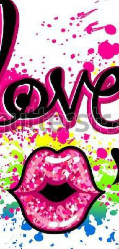 Colorful love art wallpaper with pink lips and splashes.