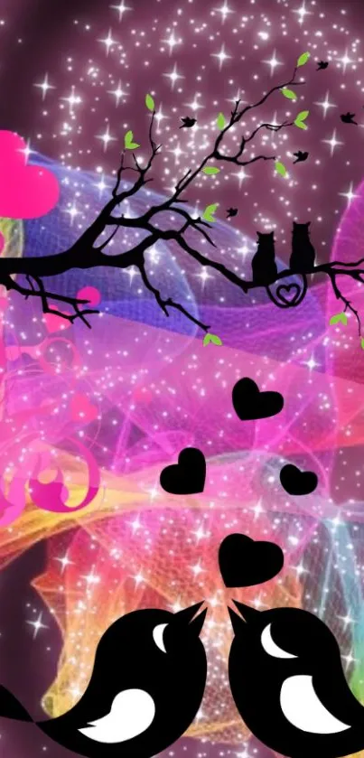 Colorful wallpaper of love birds with vibrant abstract background.