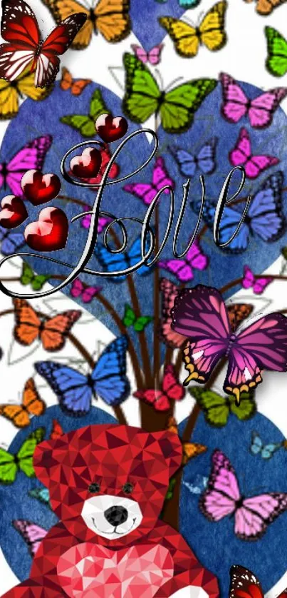 Colorful mobile wallpaper with love, butterflies, and a teddy bear.