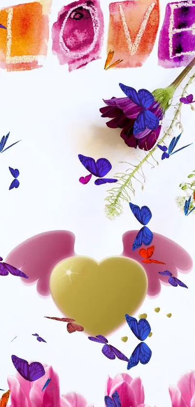 Colorful wallpaper with butterflies, flowers, and love motif.