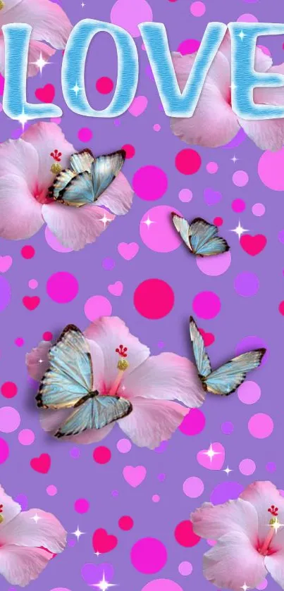 Vibrant love-themed wallpaper with butterflies and flowers on a purple background.