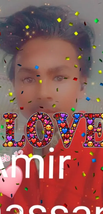 Vibrant love-themed wallpaper with colorful confetti for mobile display.