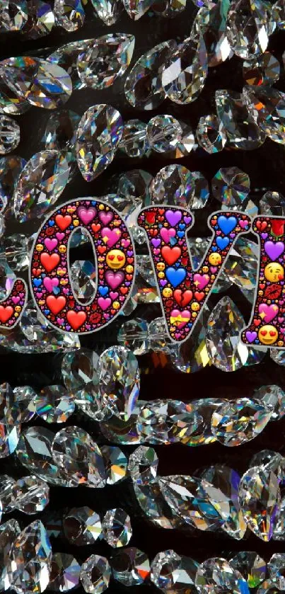 Colorful 'Love' with crystal background and heart emojis on wallpaper.