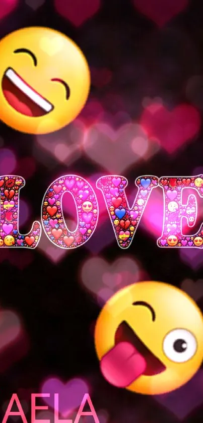 Mobile wallpaper with colorful love text and emojis on a black background.