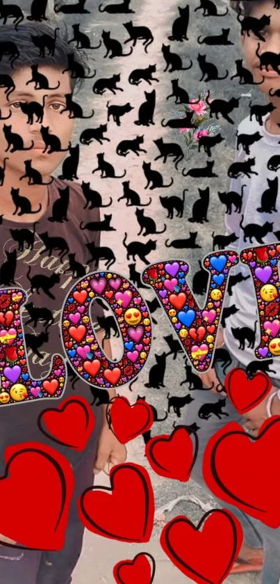 Wallpaper with colorful love emojis and black cat silhouettes.