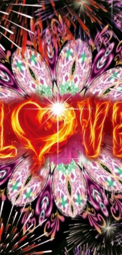 Colorful love-themed wallpaper with fireworks.