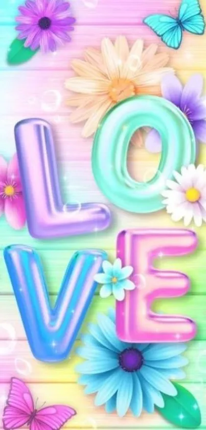 Pastel colored 'Love' with flowers and butterflies on wallpaper.