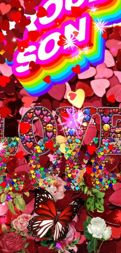 Colorful love-themed mobile wallpaper with hearts, butterflies, and flowers.