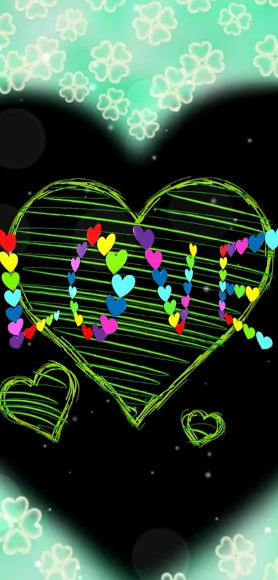 Colorful love heart wallpaper with neon and clover accents.