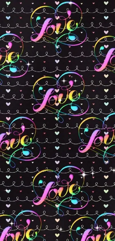 Colorful love hearts wallpaper with elegant script on black background.