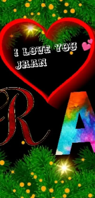 Colorful heart and foliage mobile wallpaper with letters R and A.