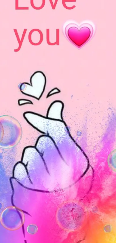 Colorful love hand gesture wallpaper with pink background.