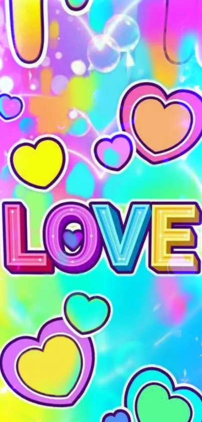 Colorful neon wallpaper with love hearts and vibrant hues.