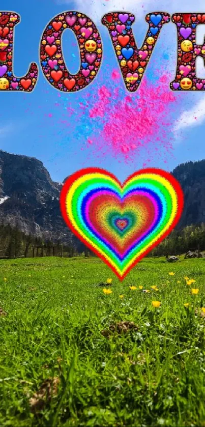 Vibrant mobile wallpaper with colorful heart and love text over mountain scenery.