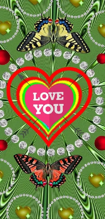 Colorful heart and butterfly wallpaper on green background.