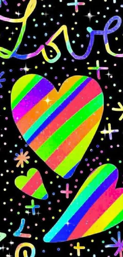 Colorful love-themed mobile wallpaper with hearts and doodles on black background.