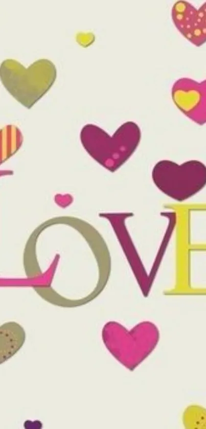 Colorful love hearts design on a light background.