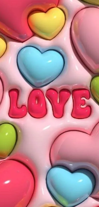 Colorful hearts with the word LOVE in pink letters on wallpaper.