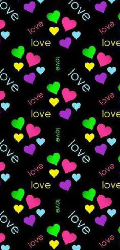 Colorful hearts and love text on black wallpaper.