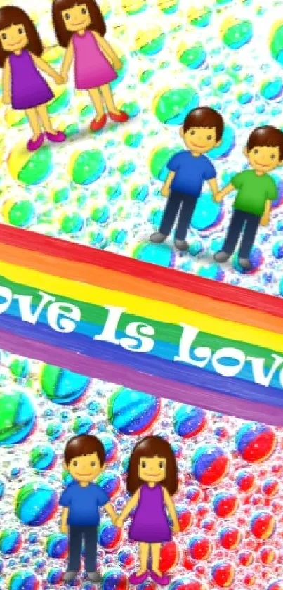 Rainbow bubble wallpaper with 'Love Is Love' text and diverse cartoon couples.