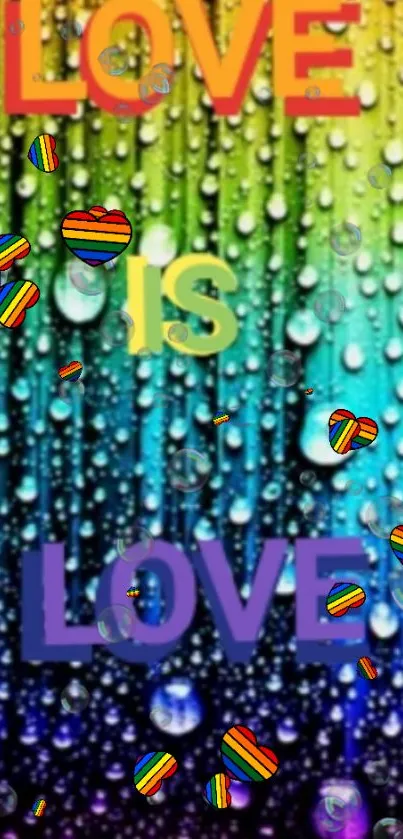 Colorful Love is Love wallpaper with rainbow hearts and gradient background.
