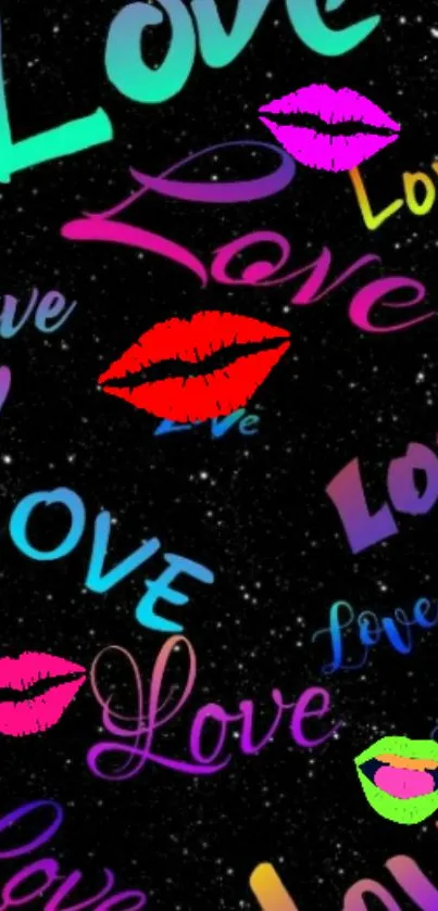 Colorful love text and kiss prints on black wallpaper.