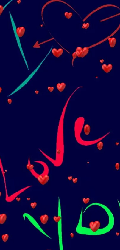 Colorful 'Love You' wallpaper with heart and arrow on dark background.