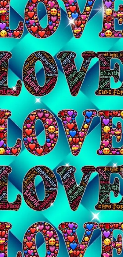 Colorful 'LOVE' text with heart pattern in vibrant mobile wallpaper.