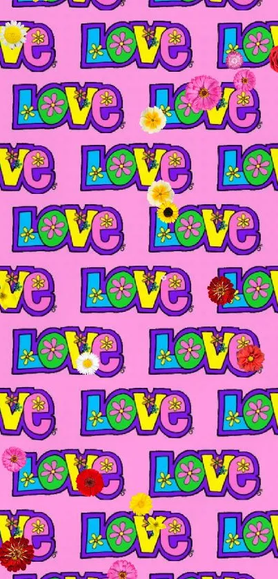 Vibrant wallpaper with colorful Love pattern on a pink background.